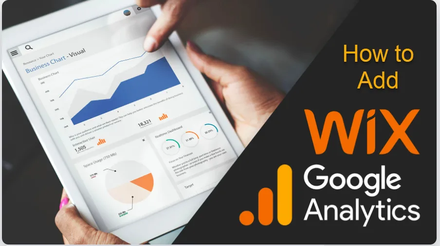 Hands holding a tablet showing analytics charts, beside the Wix and Google Analytics logos and the words How to Add