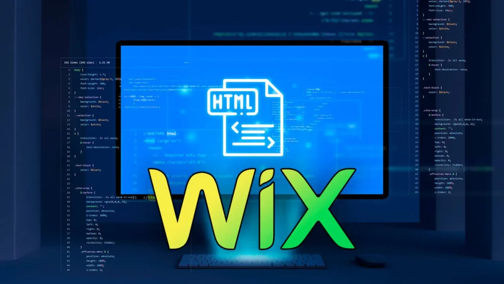 Wix logo in front of a monitor showing an HTML file icon over lines of code