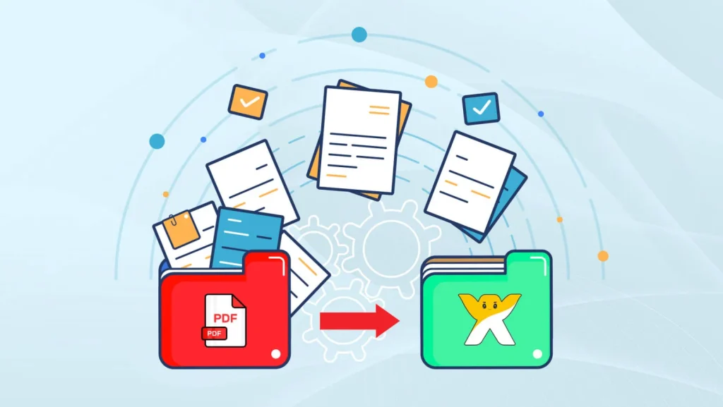Illustration of documents moving from a red PDF folder to a green folder carrying the Wix character logo