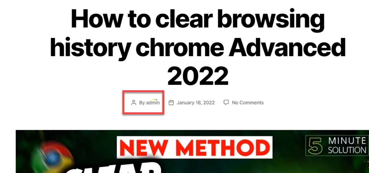 Published blog post header with the By admin byline outlined in red beside the date and comment count