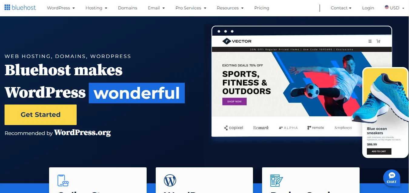 Bluehost homepage headed Bluehost makes WordPress wonderful with a Get Started button and a WordPress.org recommendation