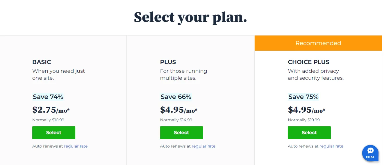 Bluehost plan selection showing Basic at 2.75 dollars, Plus at 4.95 dollars and the recommended Choice Plus at 4.95 dollars per month