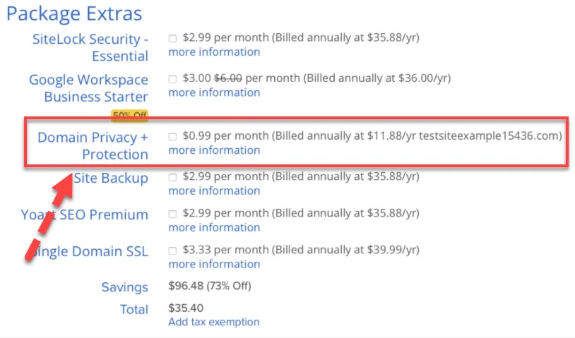 Bluehost package extras with Domain Privacy and Protection at 0.99 dollars a month outlined in red and a red arrow pointing to it