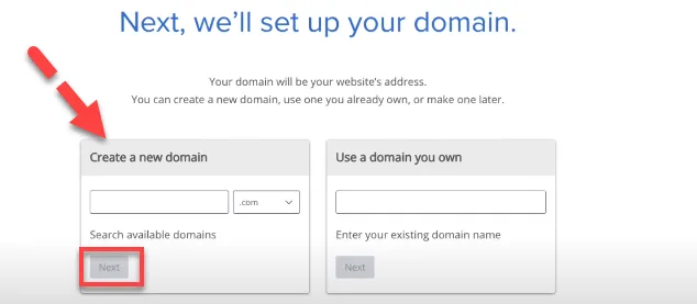 Bluehost domain setup step with a red arrow pointing to the Create a new domain field, beside an option to use a domain you own