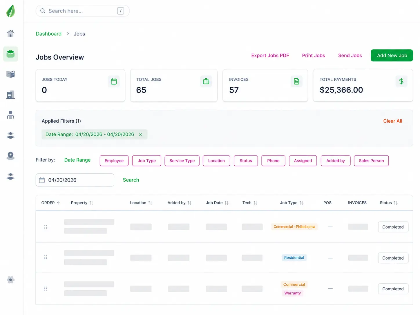 Jobs overview dashboard showing stat cards, filters, and the job table