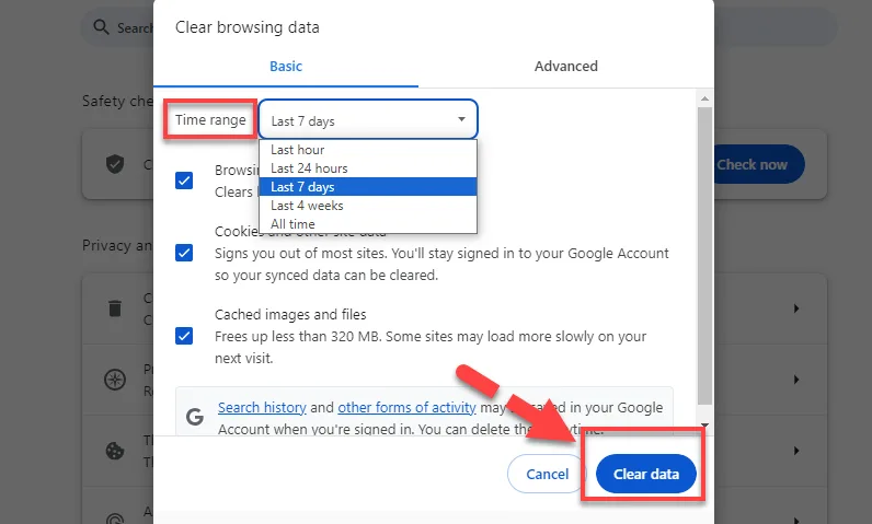 Chrome Clear browsing data dialog with browsing history, cookies and cached files ticked and a red arrow pointing to the Clear data button