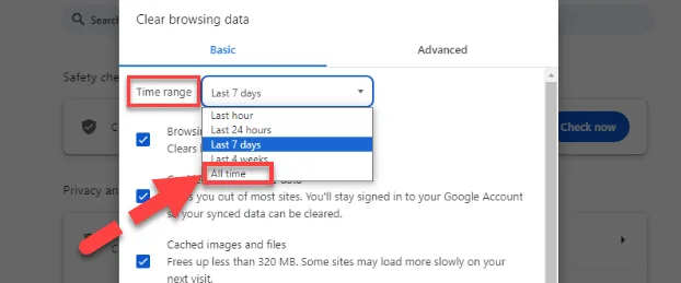 Chrome Clear browsing data dialog with the Time range dropdown open and a red arrow pointing to All time