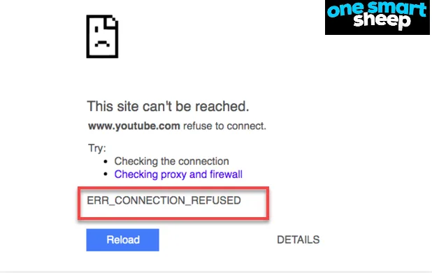 Chrome error page reading This site can't be reached, youtube.com refused to connect, with ERR_CONNECTION_REFUSED outlined in red