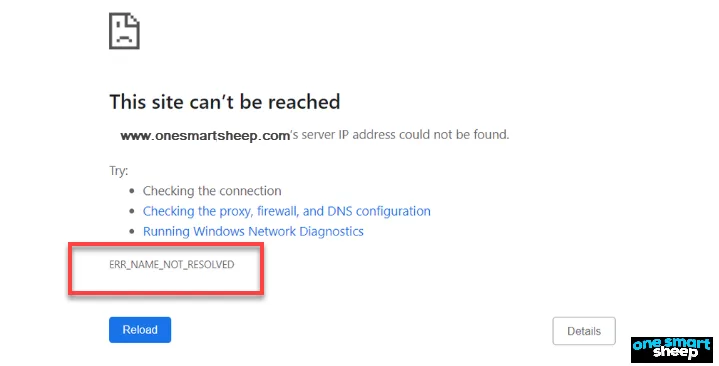 Chrome error page reading This site can't be reached, the server IP address could not be found, with ERR_NAME_NOT_RESOLVED outlined in red