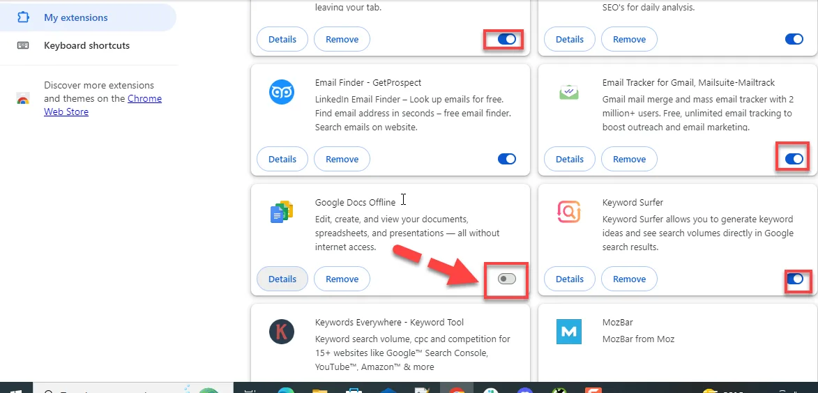 Chrome extensions page with a red arrow pointing to a toggle being switched off, other extension toggles outlined in red