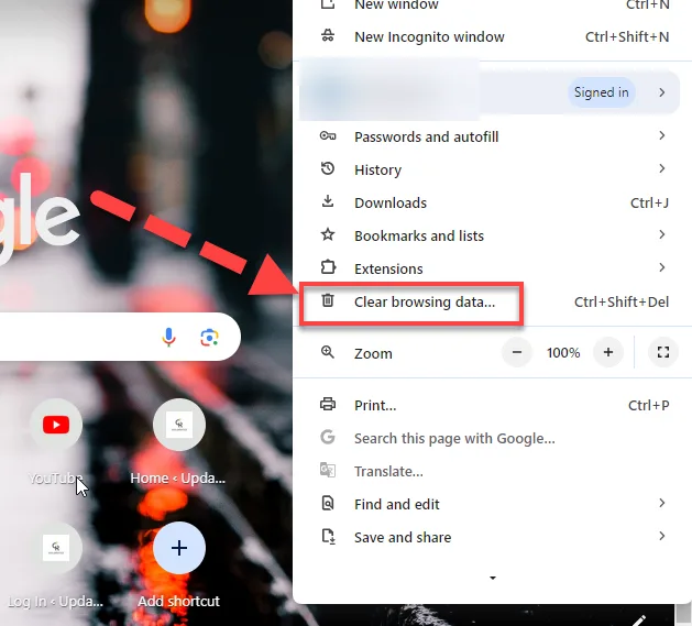 Chrome menu with a red arrow pointing to the Clear browsing data entry, outlined in red
