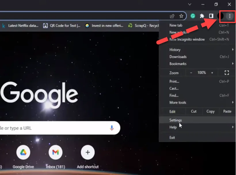 Chrome new tab page with a red arrow pointing to the three dot menu button and the menu open beside it