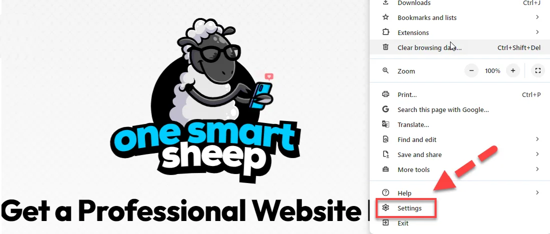Chrome menu scrolled to the bottom with a red arrow pointing to the Settings entry