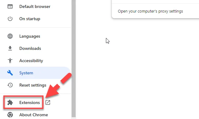 Chrome settings sidebar with a red arrow pointing to the Extensions link below System and Reset settings