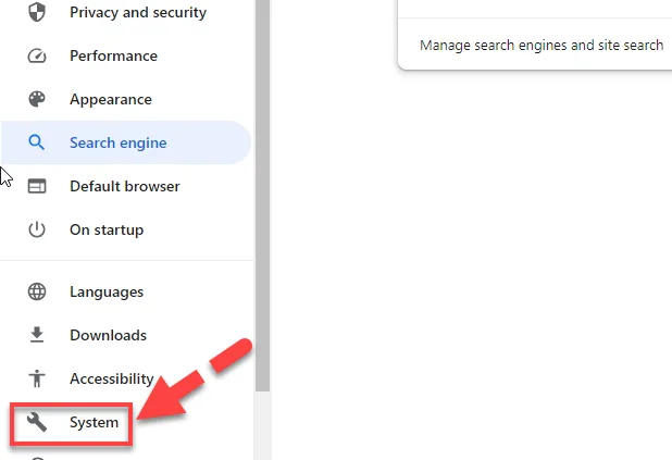 Chrome settings sidebar with a red arrow pointing to the System entry, outlined in red