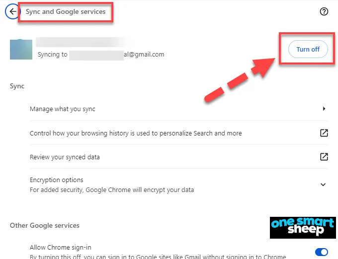 Chrome Sync and Google services page with a red arrow pointing to the Turn off button beside the signed in account