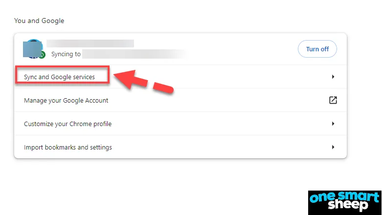 Chrome settings You and Google section with a red arrow pointing to Sync and Google services