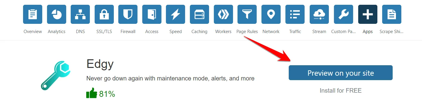 Cloudflare Edgy app page with a red arrow pointing to the Preview on your site button and an Install for FREE link