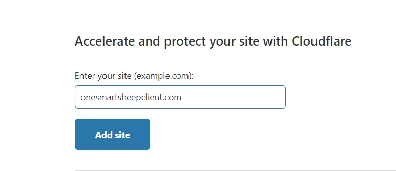 Cloudflare add site form with a domain typed into the Enter your site field above an Add site button