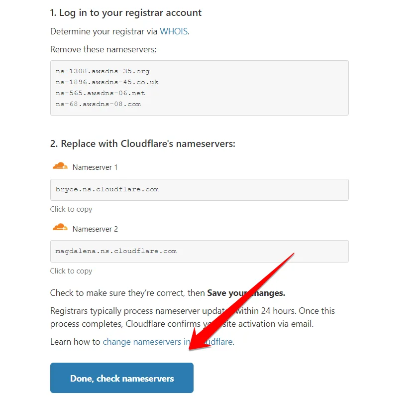 Cloudflare instructions to remove the existing nameservers and replace them with two Cloudflare nameservers, with an arrow pointing to Done, check nameservers