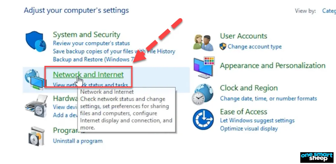 Windows Control Panel with a red arrow pointing to the Network and Internet link and its tooltip showing