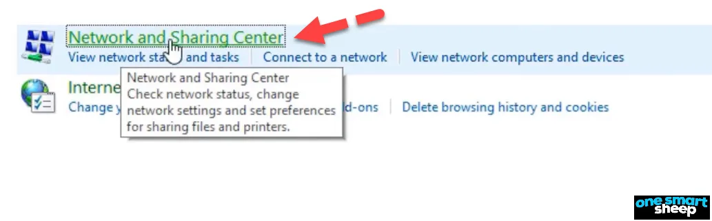 Windows Network and Internet page with a red arrow pointing to the Network and Sharing Center link