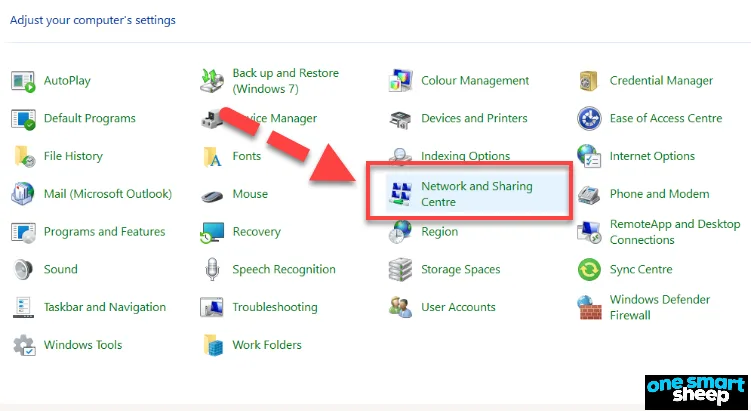 Windows Control Panel icon view with a red arrow pointing to Network and Sharing Centre, outlined in red