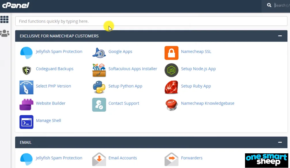 cPanel dashboard showing the Namecheap customer tools including SSL, Softaculous, Website Builder and Manage Shell