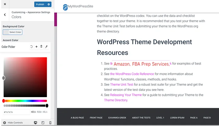 WordPress Customizer Colors panel with the accent colour picker open beside a live preview showing coloured links