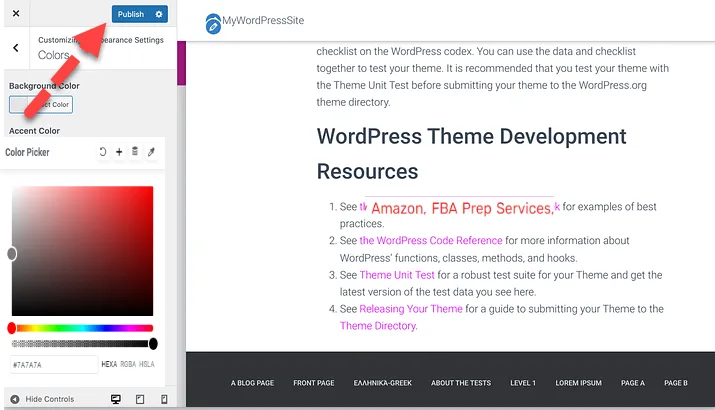 WordPress Customizer Colors panel with a red arrow pointing to the Publish button above the accent colour picker