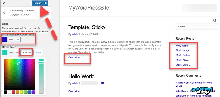 WordPress Customizer Accent Color panel with a red arrow pointing to the Publish button after setting colour and hover colour