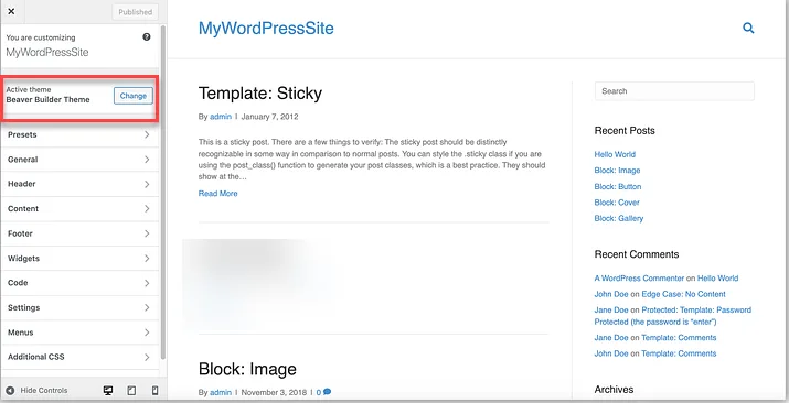 WordPress Customizer sidebar with the active theme Beaver Builder Theme and its Change button outlined in red