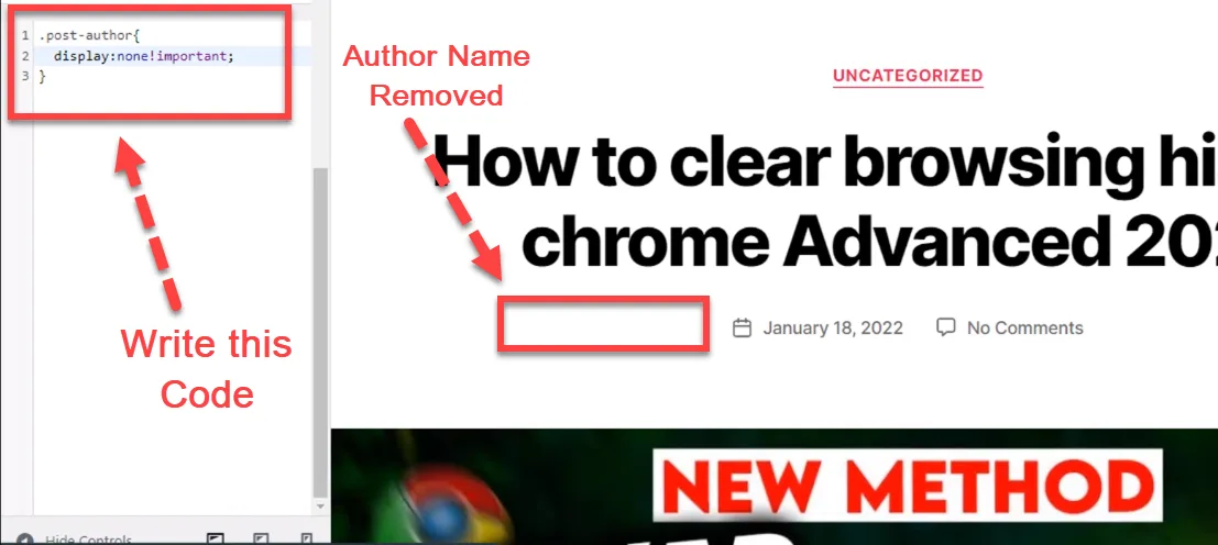 Additional CSS rule setting post-author to display none important, with the byline gone from the post header, captioned Author Name Removed