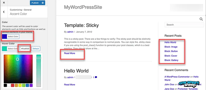 WordPress Customizer Accent Color panel with the Hover Color hex field outlined in red beside recoloured links in the preview