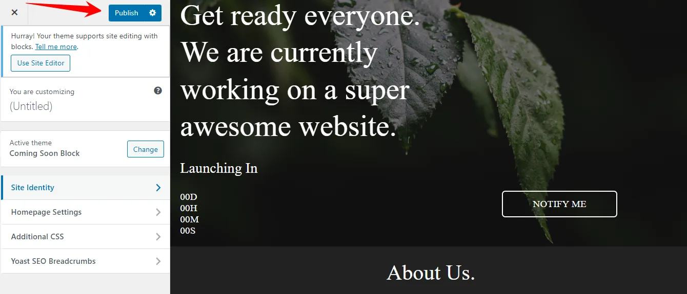 WordPress Customizer for the Coming Soon Block theme with a red arrow pointing to the Publish button