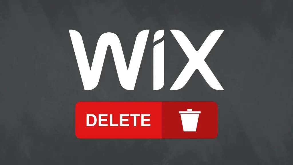 Wix logo in white on a dark background above a red Delete button with a bin icon