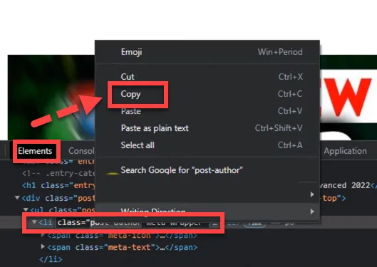 DevTools context menu on the post-author element with a red arrow pointing to the Copy option