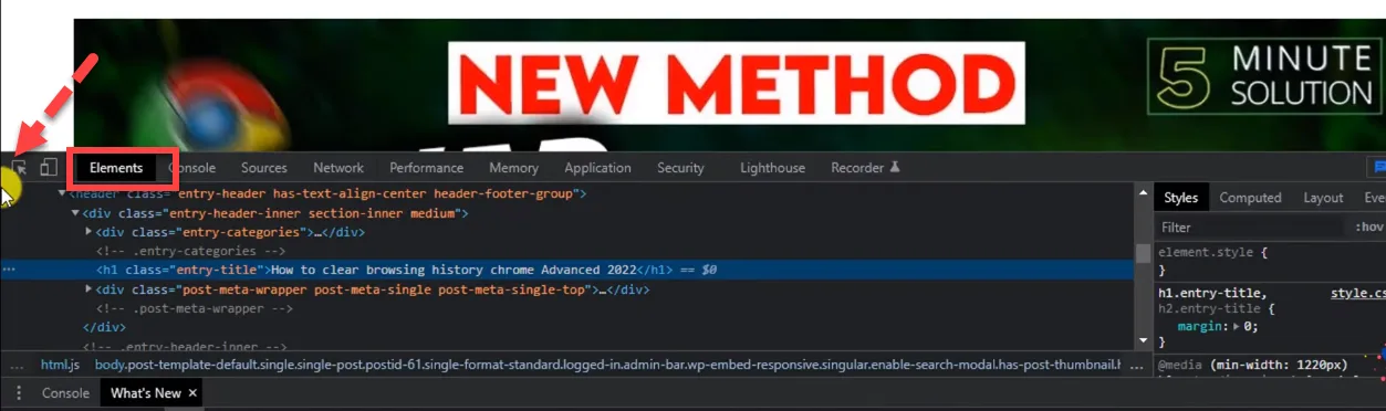 Chrome DevTools open on the Elements panel showing the post header markup, with the Elements tab outlined in red