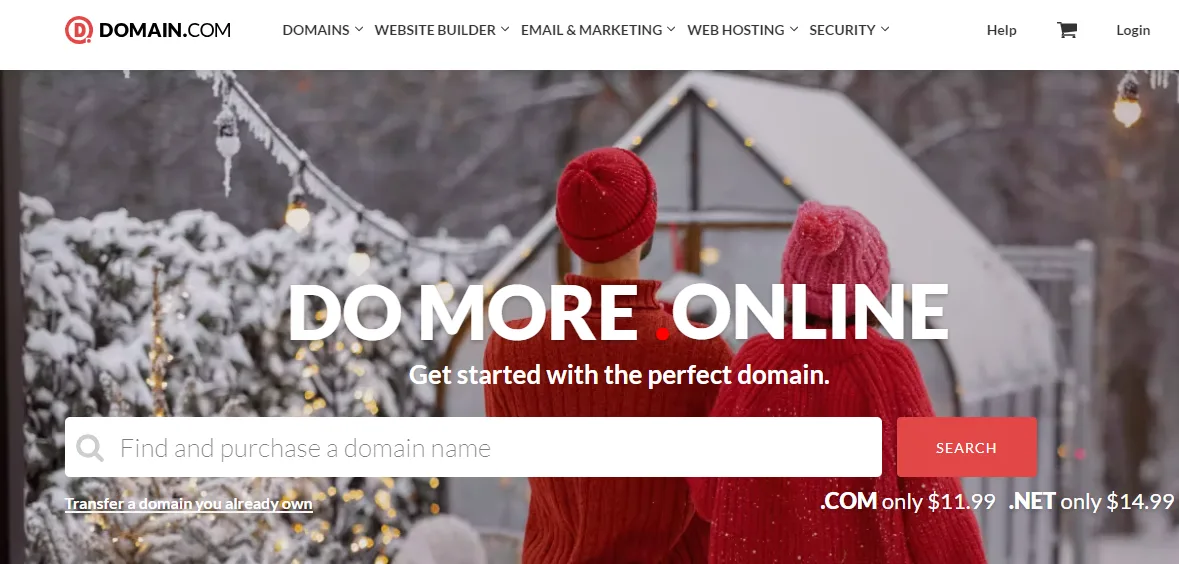 Domain.com homepage headed Do more online with a domain search field and .com and .net pricing