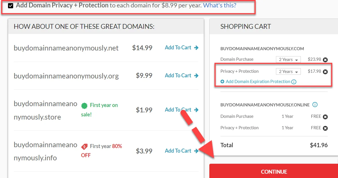 Domain.com results with the Add Domain Privacy and Protection checkbox ticked and the cart showing privacy protection added for two years