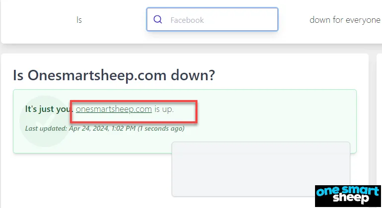 Down for Everyone result reading It's just you, onesmartsheep.com is up, outlined in red