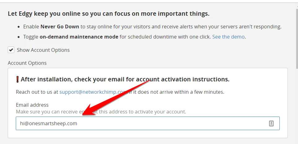 Edgy installation options with a red arrow pointing to the email address field used to activate the account