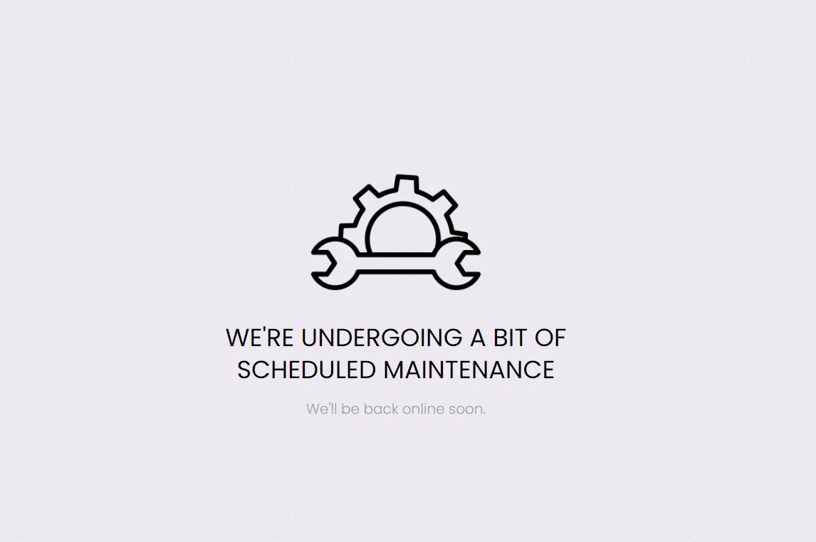 Edgy maintenance page showing a gear and spanner icon above the message We're undergoing a bit of scheduled maintenance