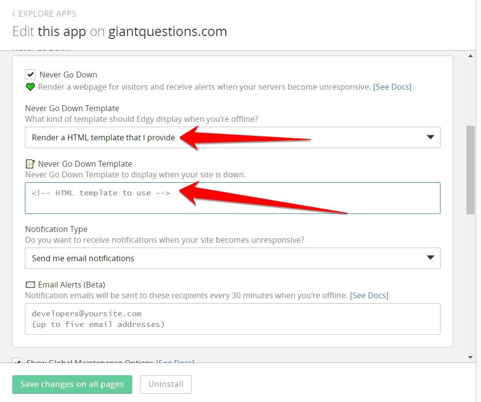Edgy Never Go Down settings with arrows pointing to the template dropdown set to render a HTML template and the template code field