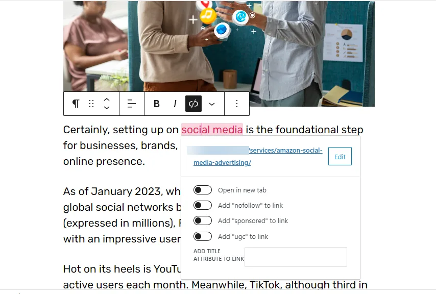 Block editor link popover showing the target URL with toggles for open in new tab, nofollow, sponsored and ugc
