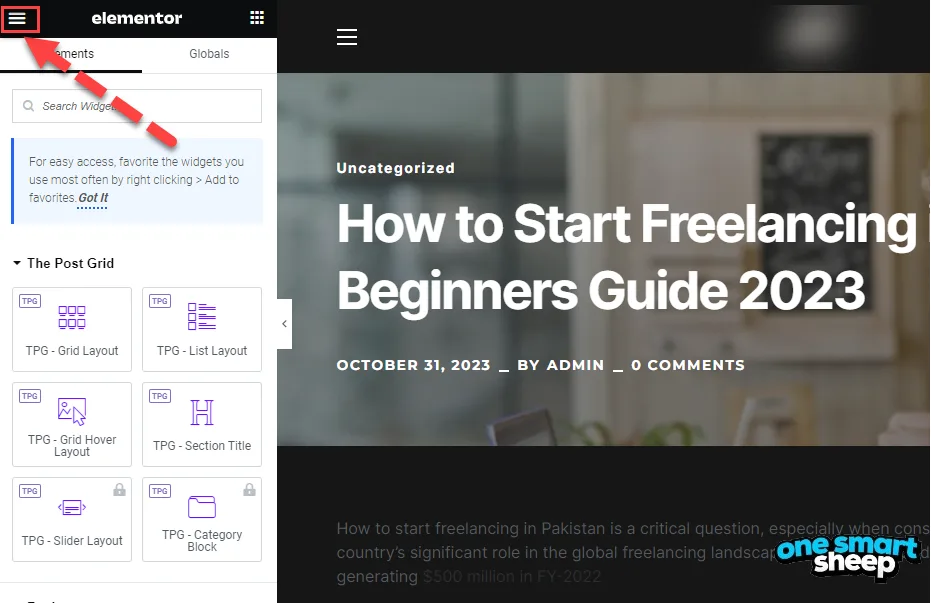 Elementor editor with a red arrow pointing to the hamburger menu button above the widget panel