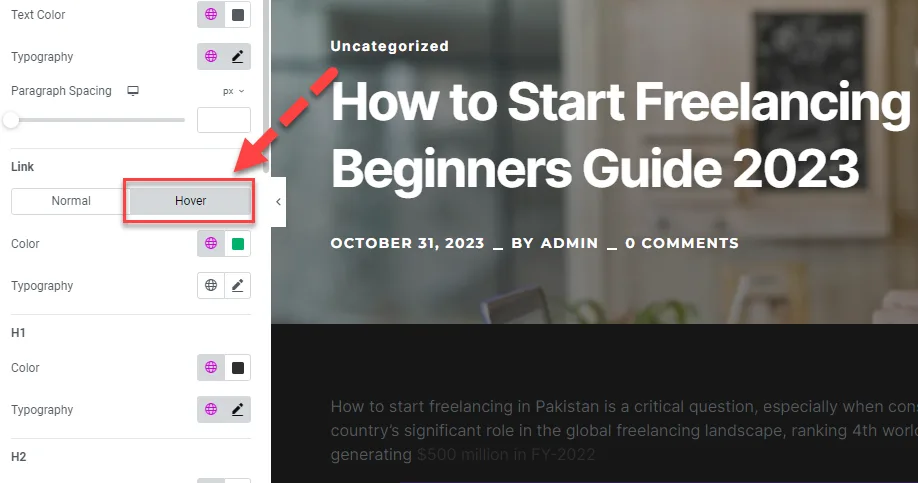 Elementor Typography settings with a red arrow pointing to the Hover tab under Link, its colour swatch set to green