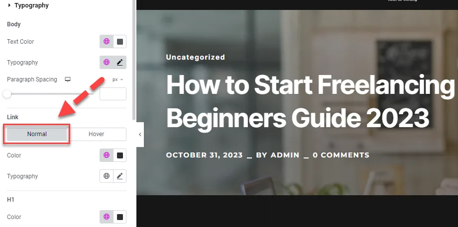 Elementor Typography settings with a red arrow pointing to the Normal tab under Link, above colour and typography controls