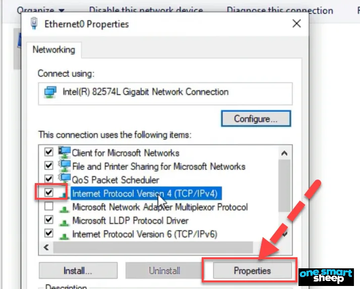 Ethernet Properties dialog with Internet Protocol Version 4 selected and a red arrow pointing to the Properties button