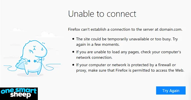 Firefox error page reading Unable to connect, listing troubleshooting suggestions and a Try Again button